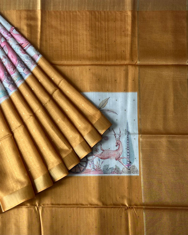 Tussar silk saree with digital print zari border - Mustard