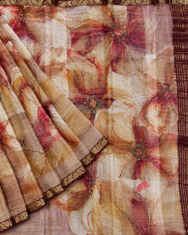 Crepe Silk Saree with  Floral Print with Contrast  Border - Onion Pink