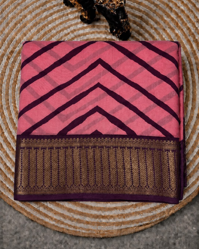 Maheshwari Silk With Zig Zag Print and Antic Zari Border  - Pink