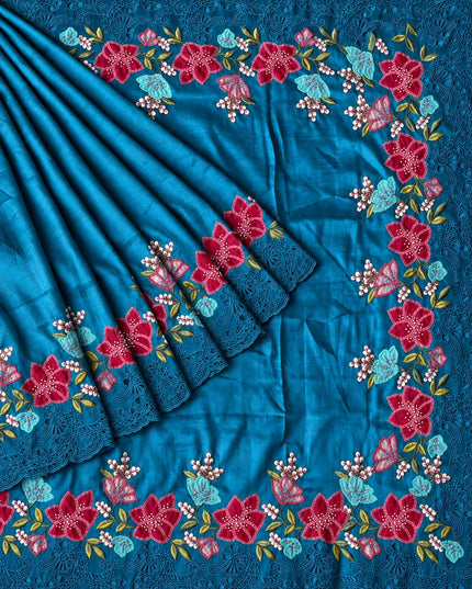 Dupion Silk  Saree with Applique work and Cut work Border - Peacock Blue