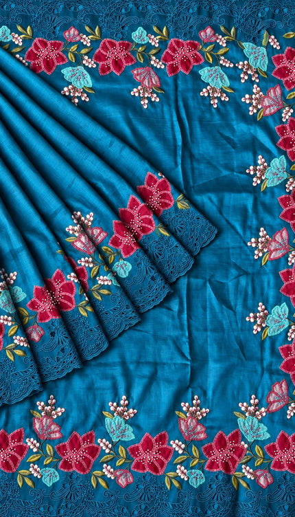 Dupion Silk  Saree with Applique work and Cut work Border - Peacock Blue