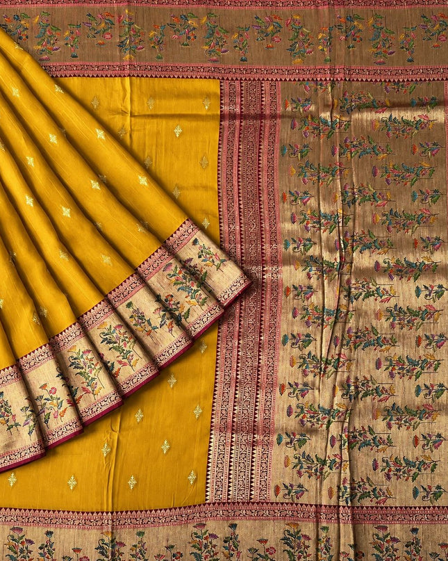 Munga Banaras Saree with Golden Buttes and Meena Kari Border - Mustard