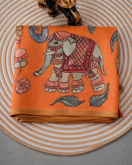 Linen Tissue Saree With Applique Work small Zari Border - Orange