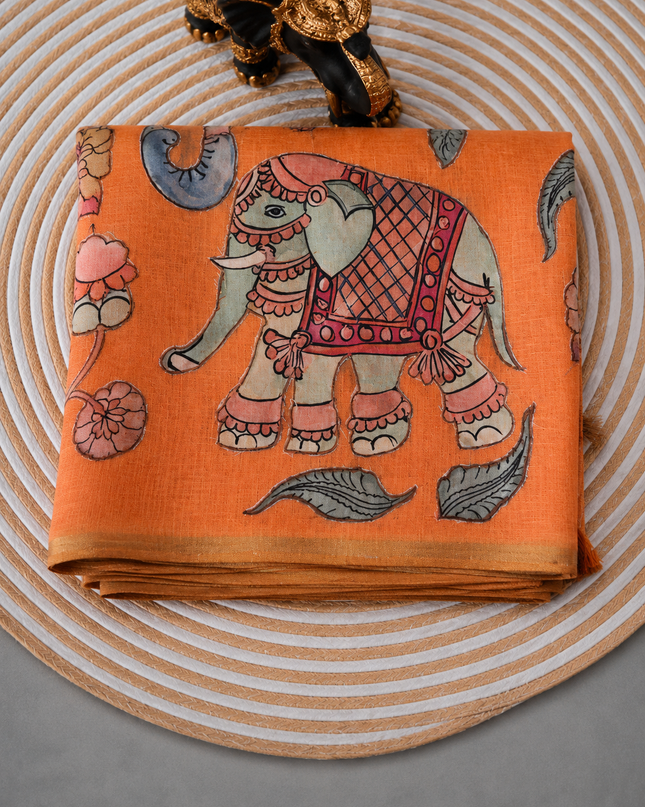 Linen Tissue Saree With Applique Work small Zari Border - Orange