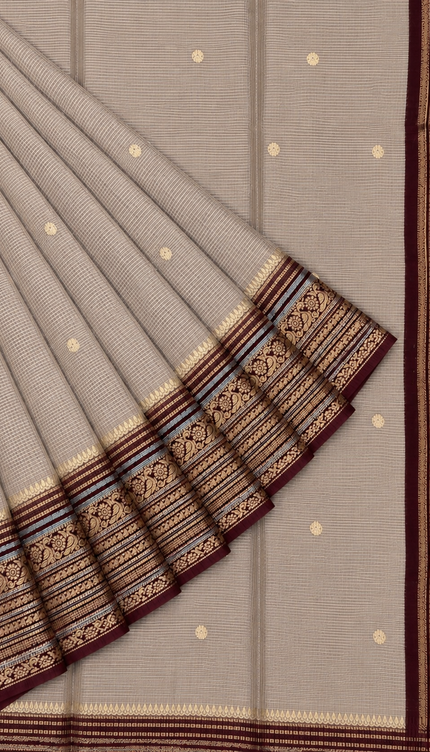 Green Silk Saree With Golden Zari Butties And Kanchi Border - Cream