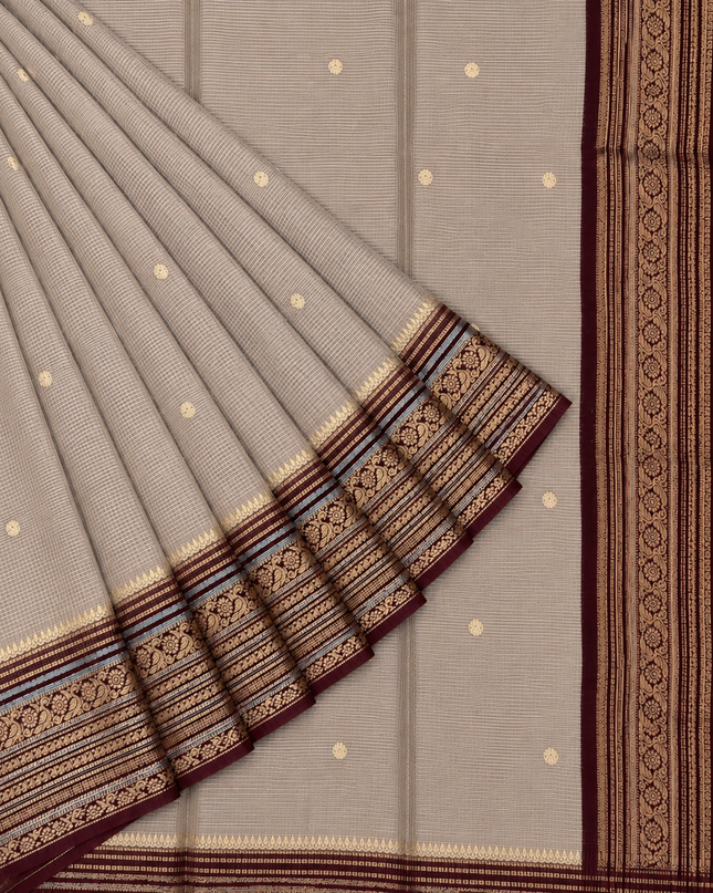 Green Silk Saree With Golden Zari Butties And Kanchi Border - Cream