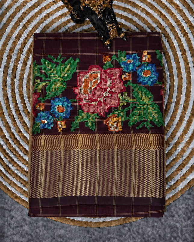 Chanderi Silk saree Cross Stich Work and Golden Border - Purple