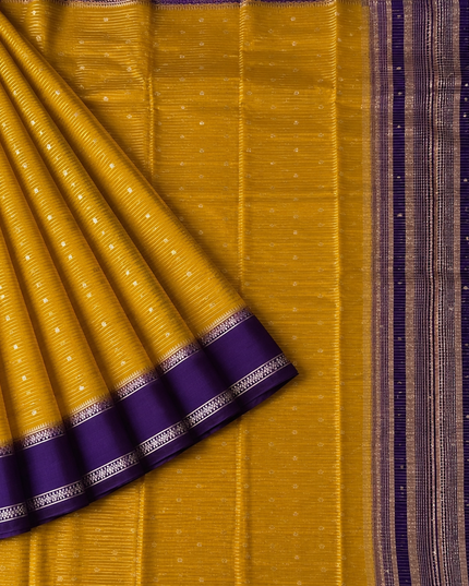 Munga Silk Saree With All over Oosi Design and Small Gold Butties  Contrast Border- Mehandi Green & Violet
