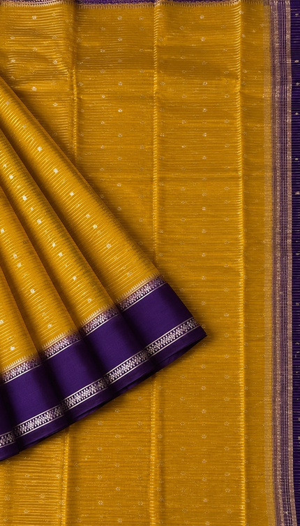 Munga Silk Saree With All over Oosi Design and Small Gold Butties  Contrast Border- Mehandi Green & Violet