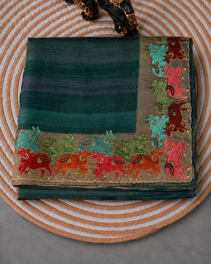 Linen Tissue Saree with Multi Stripes and Pichwai Border - Light Blue