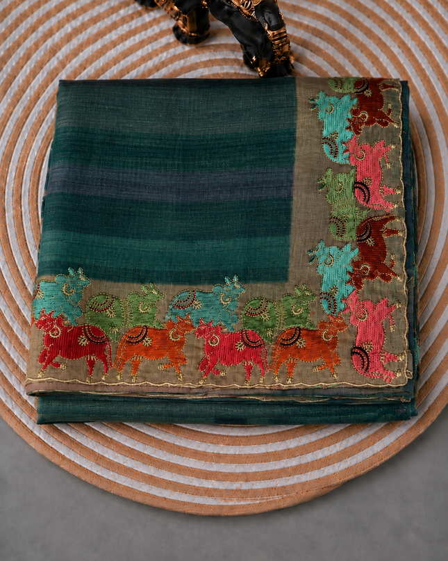 Linen Tissue Saree with Multi Stripes and Pichwai Border - Light Blue