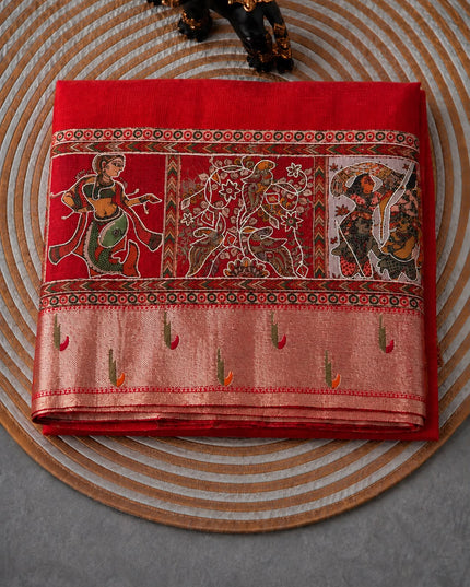Kota Silk Saree with Kalamkari Dori Work and Muniya Border  - Red