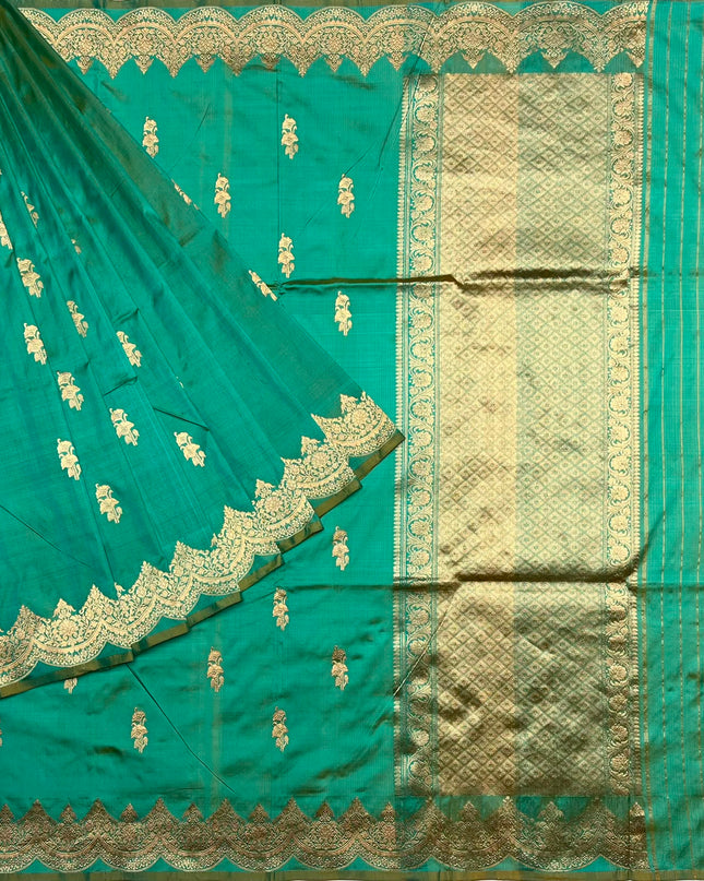 Kathan Silk Saree With All over Golden Buttes and Golden Zari Weaving  Scallop Border - Green