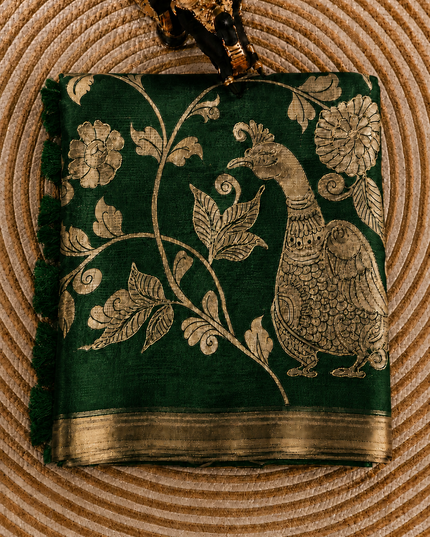 Kora Tusser kalmkari Sarree  With  Dori work and  Golden Border-  Bottle green