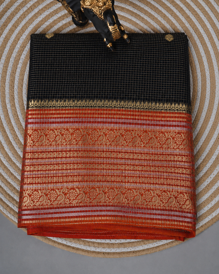 Green Silk Saree With Golden Zari Butties And Kanchi Border -Black & Orange