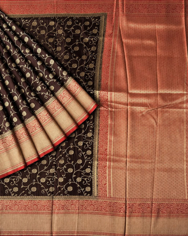 Banaras Saree With All Over Golden Zari Leaf Design and Zari Kaddi Border -  Brown
