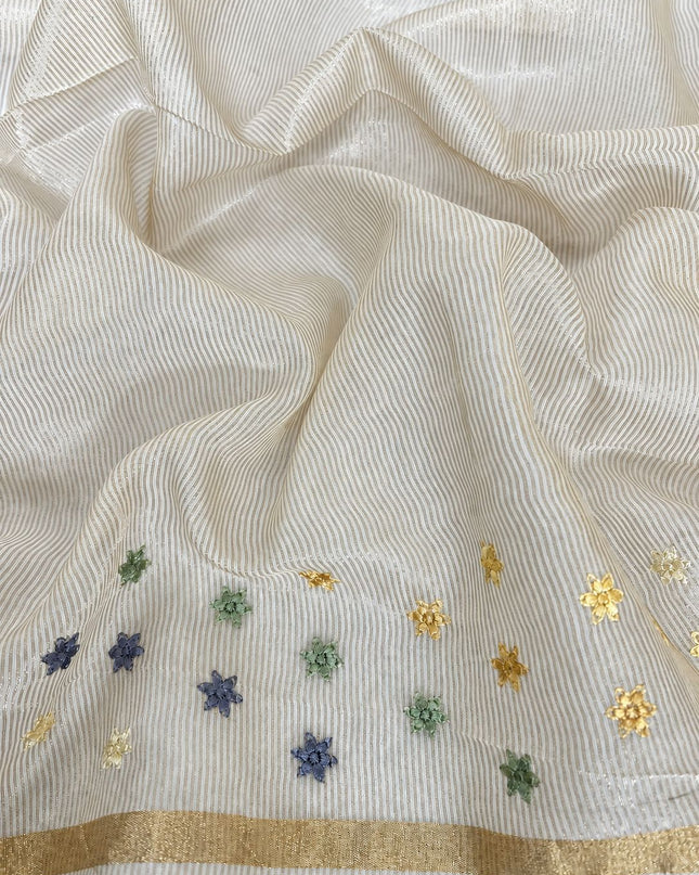 Mul  chanderi saree with thread embroidery Work and Small Border -  Off White