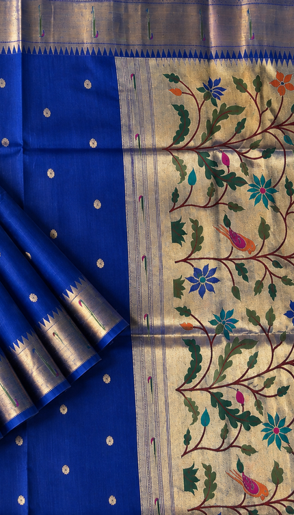 Chanderi  Saree with All over Golden Butties and muniya Border - Blue