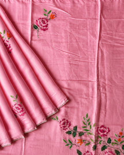 Mul  chanderi saree with  Foral Print and  Ari Work Pearl Border - Pink