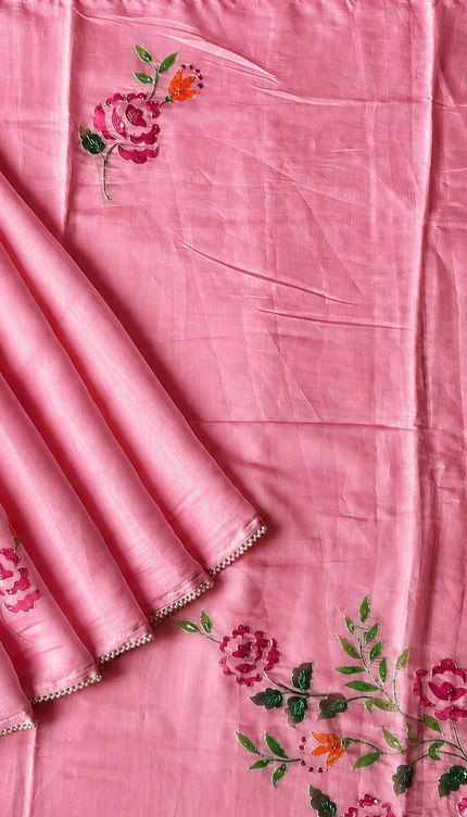 Mul  chanderi saree with  Foral Print and  Ari Work Pearl Border - Pink