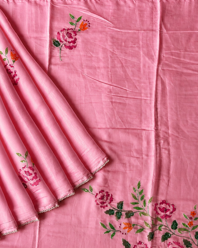 Mul  chanderi saree with  Foral Print and  Ari Work Pearl Border - Pink