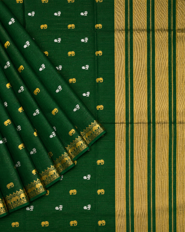 Munga Silk Saree With Gold and Silver Peacock and Elephant Butties Golden  Zari Elephant Design  Border -Bottle Green