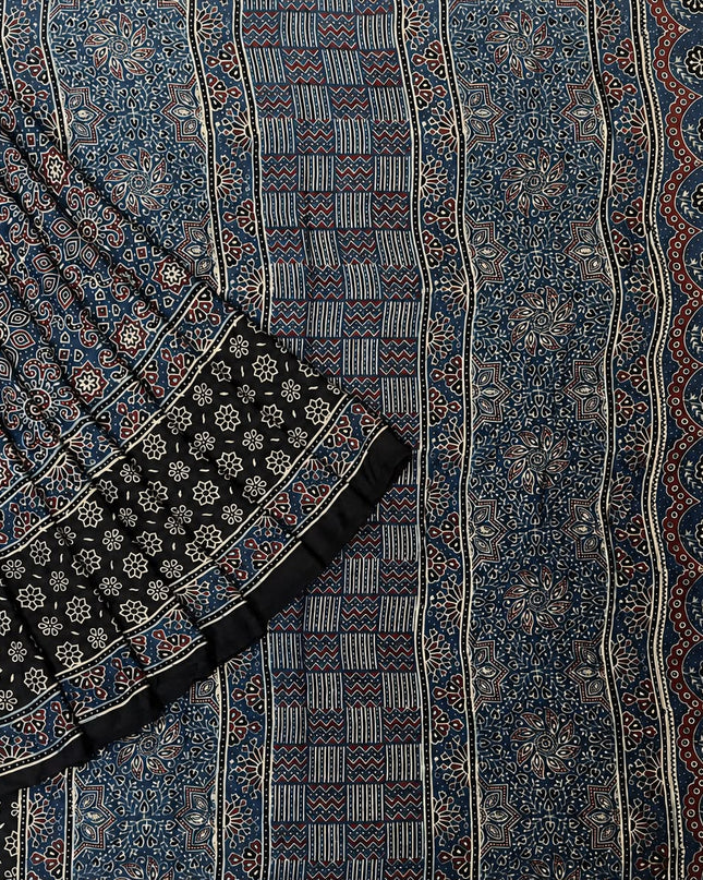 Modal silk saree with ajrakh Design and  Contrast Border - Blue