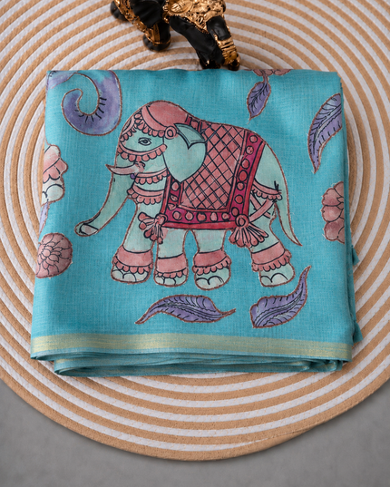 Linen Tissue Saree With Applique Work small Zari Border -  Light  Blue