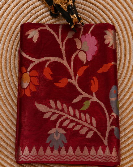 Chanderi  Silk Saree with All over Jamdani weaving style and golden Zari border - Red