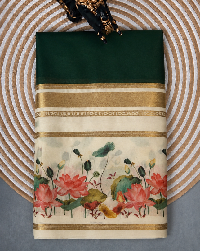 Crepe Saree With Gap Border and  Floral Print - Bottle Green