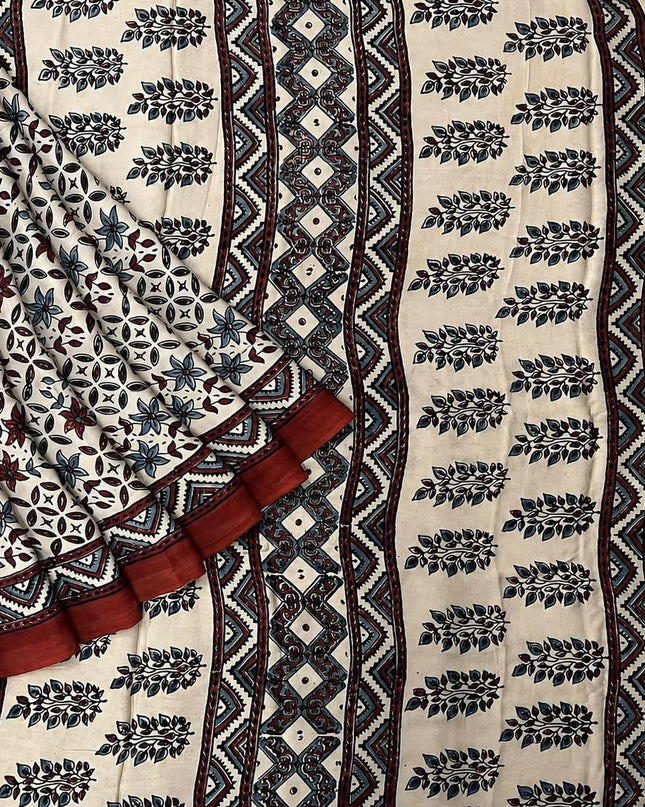 Modal silk saree with ajrakh Design and  Contrast Border - Cream & Red