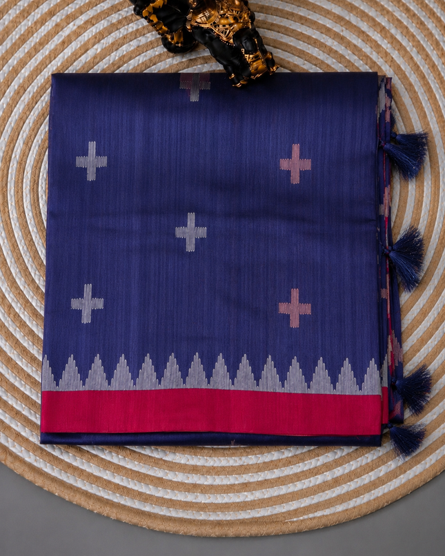 Tusser Jamdani Saree Weaving Butties  With Contrast Border-  Royal Blue