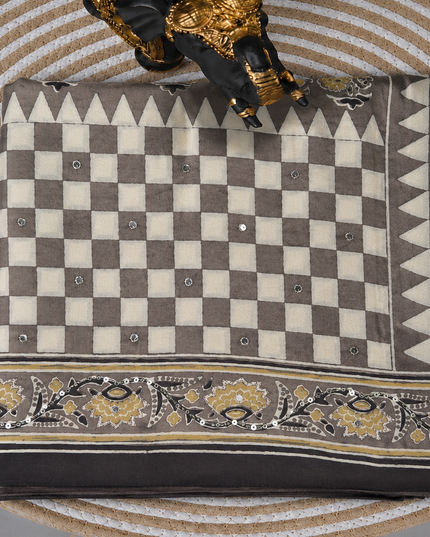 Model Silk Saree With Ajrakh  Print and Mirror  Work Contarst Border- Grey