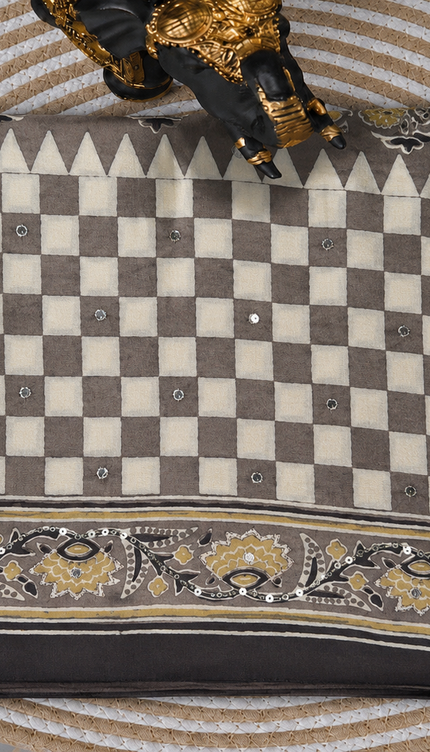 Model Silk Saree With Ajrakh  Print and Mirror  Work Contarst Border- Grey