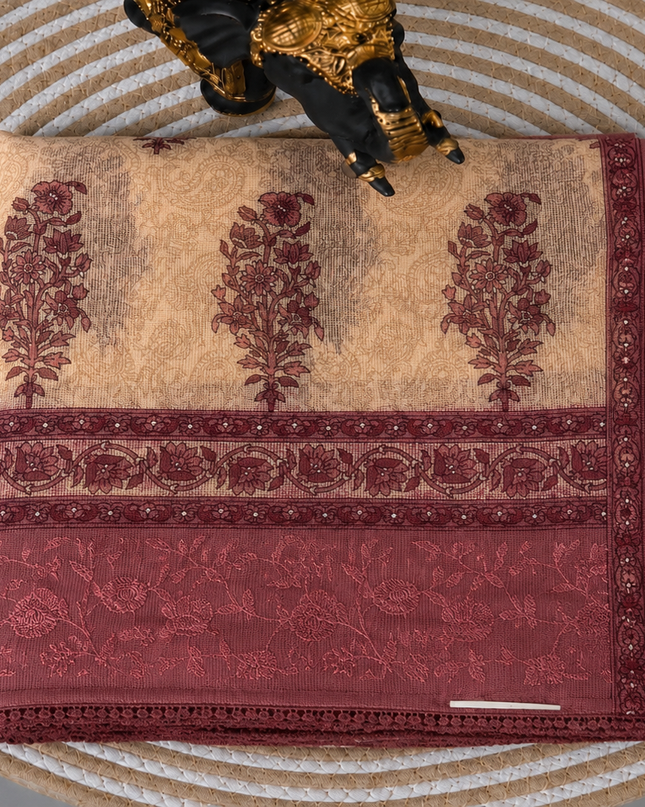 Silk Kota Saree with Floral Print and Thread Embroidery work Border with Lace - Tan & Onion Pink