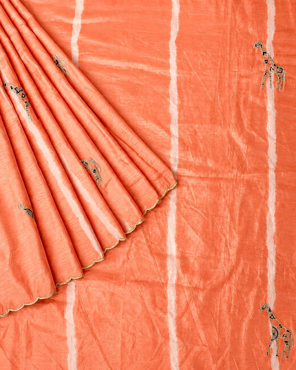 Soft  Orznga  Saree With Applique work and scallop Border-  Orange