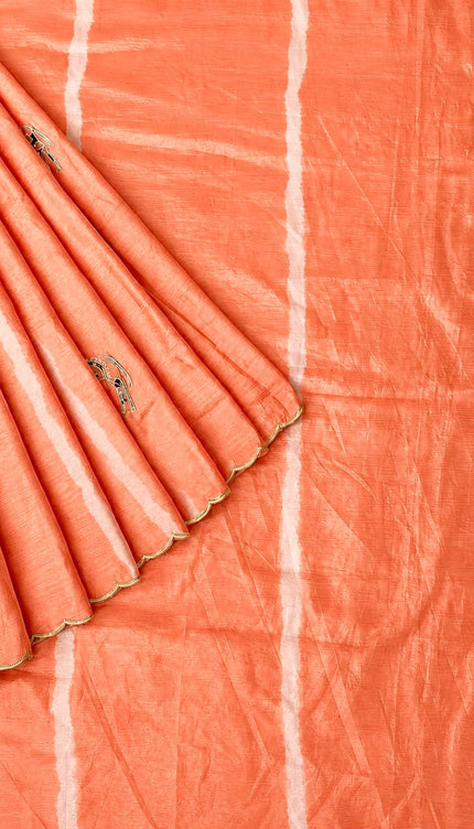 Soft  Orznga  Saree With Applique work and scallop Border-  Orange