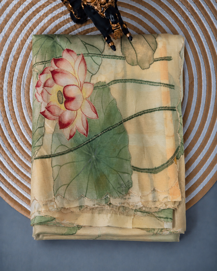 Soft Crush Floral Print With Ari Work and Scallop Border - Mustard