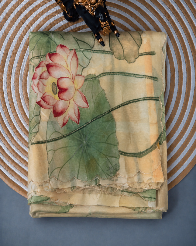 Soft Crush Floral Print With Ari Work and Scallop Border - Mustard