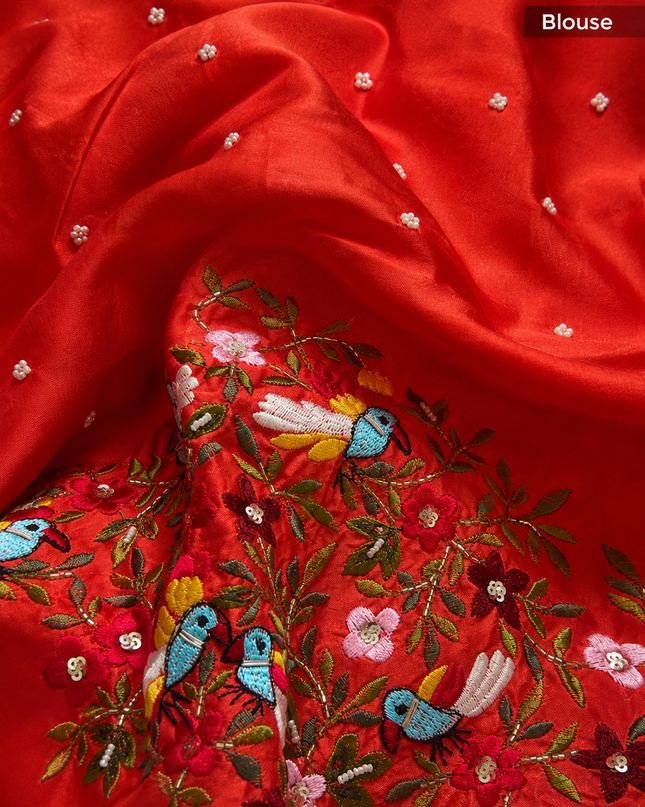 Chinon Silk Saree  with Golden Zari  Weaving Checks Design With Small Butties  Contrast Golden Zari Border -Orange