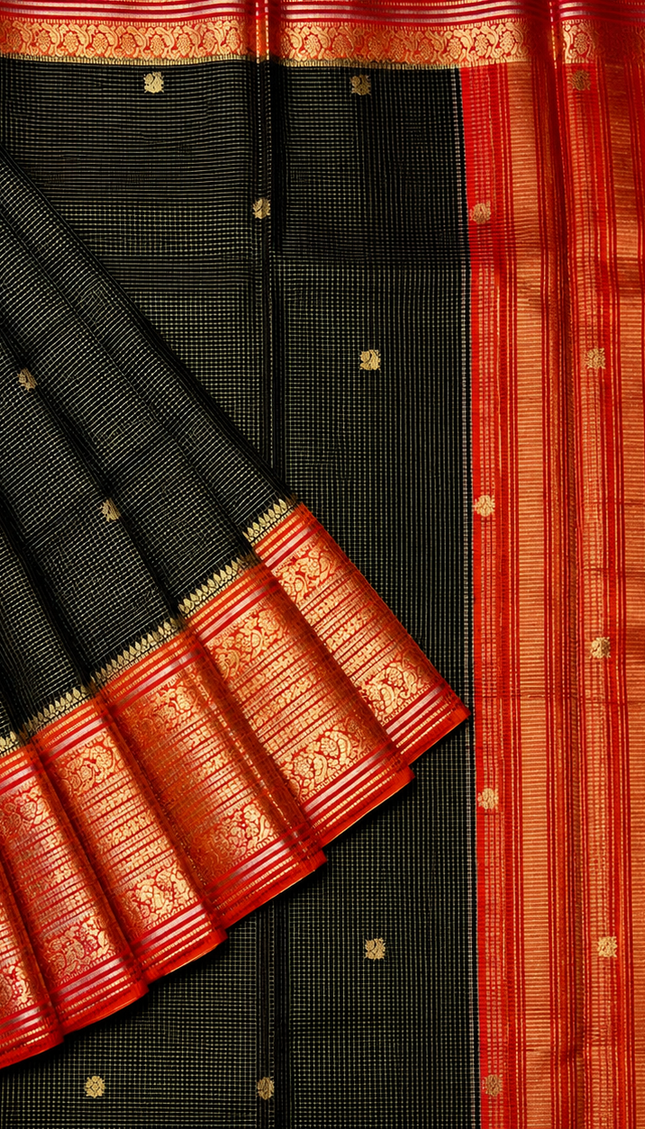 Green Silk Saree With Golden Zari Butties And Kanchi Border -Black & Orange