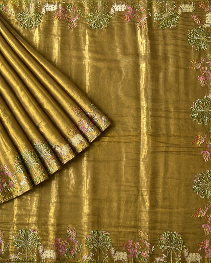 Soft Tissue Saree Zardozi and Pearl work and kardhana work Border - Gold