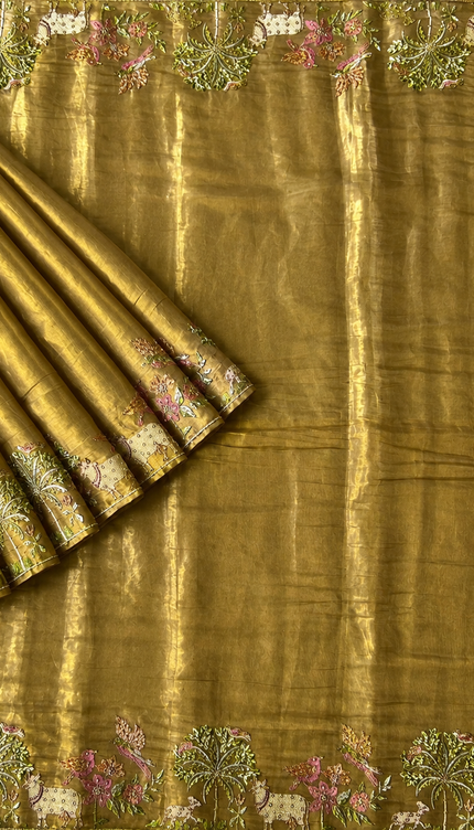 Soft Tissue Saree Zardozi and Pearl work and kardhana work Border - Gold