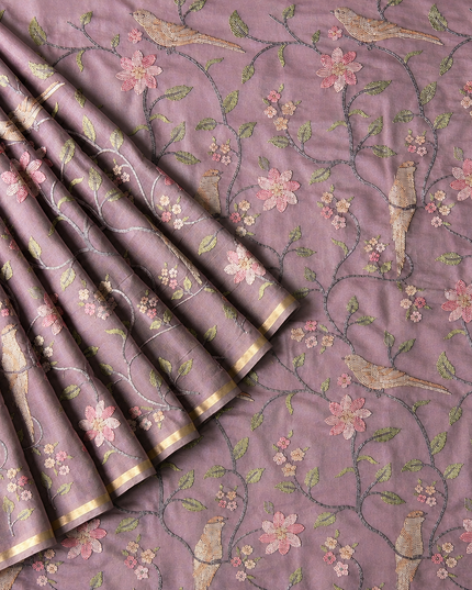 Chanderi Saree with Thread Embroidery Work and Contrast  Border-  Onion Pink