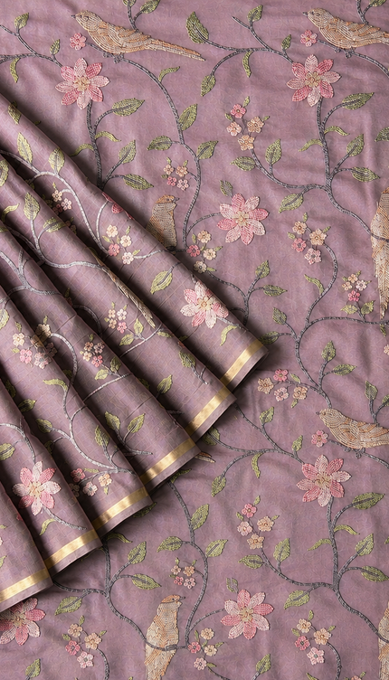 Chanderi Saree with Thread Embroidery Work and Contrast  Border-  Onion Pink