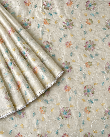 Mul Cotton Saree with Thread Work and Lace Border- Off White