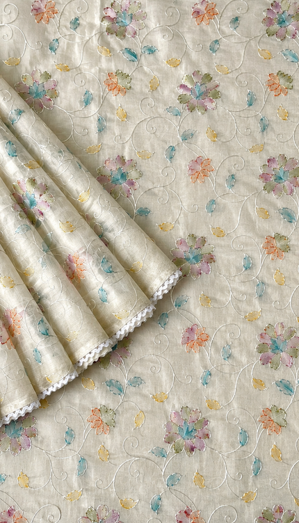 Mul Cotton Saree with Thread Work and Lace Border- Off White