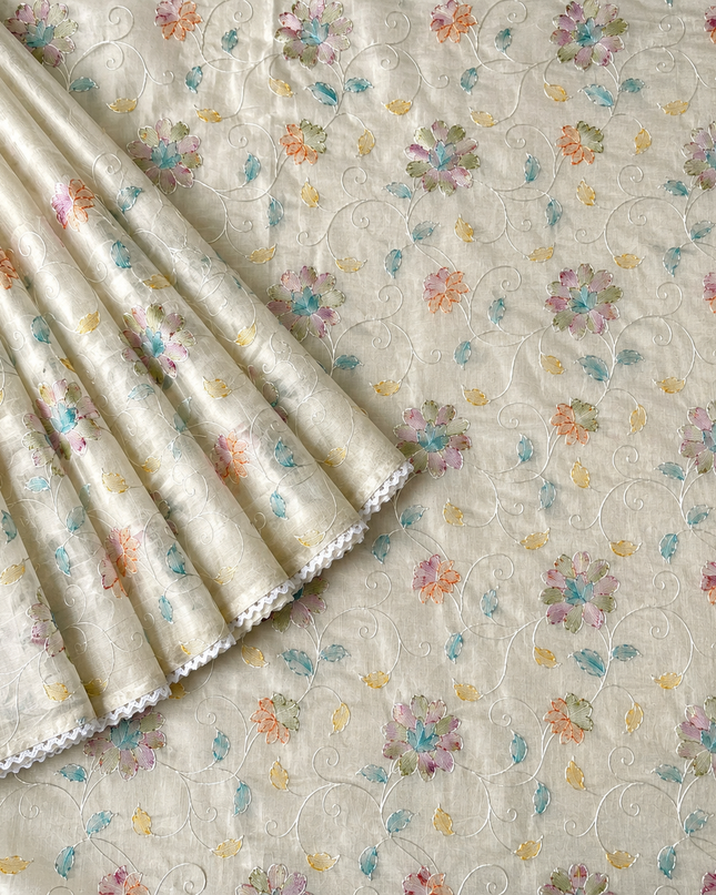 Mul Cotton Saree with Thread Work and Lace Border- Off White
