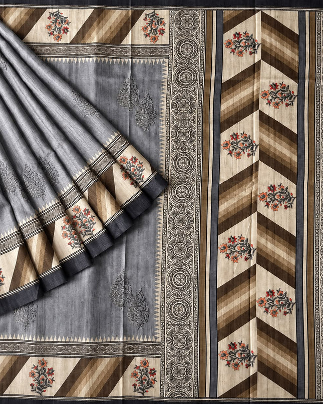 Tusser Saree With All Over Thread Embroidery  Work Flower Print Border -Grey