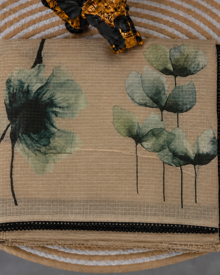 Silk Kota Saree with Floral Print and Lace  Border-  Beige
